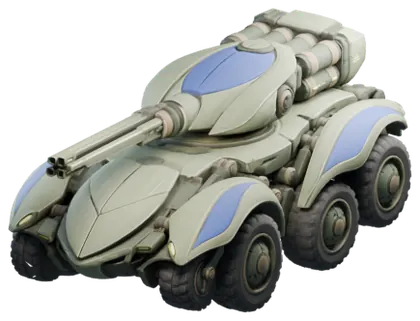 Le Thornback, un char Mossglade vert sauge à six roues, avec un long canon et un blindage en forme de feuille