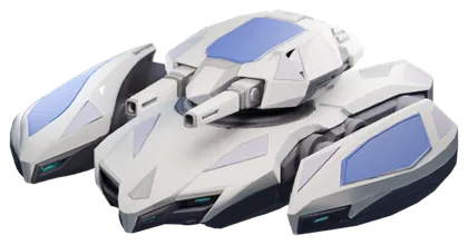Der Veilguard, ein weißer Moonveil-Schwebepanzer mit kantigen Pods und blauen Teamplatten
