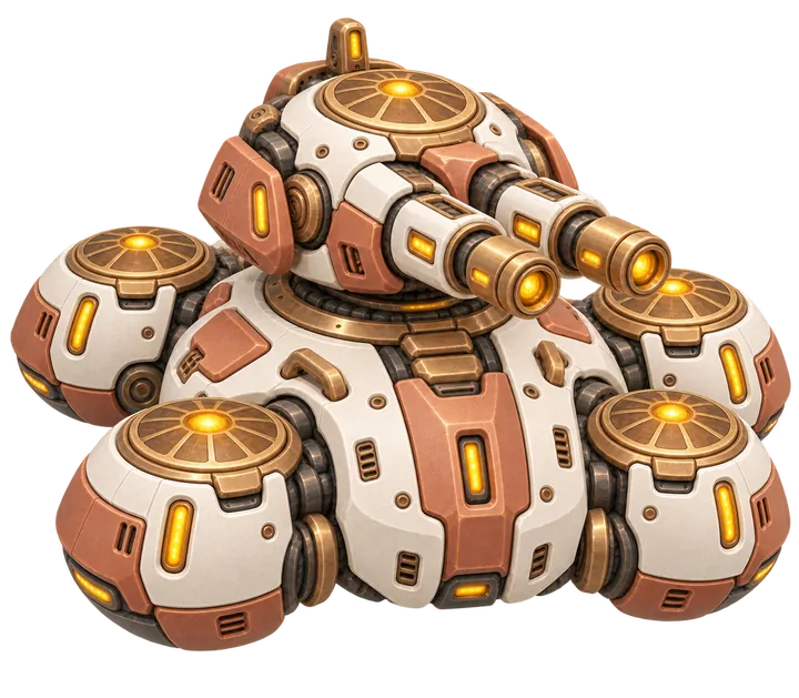 The Emberguard, a Sunhearth tank in ivory and terracotta with a twin cannon on four rounded hover pods