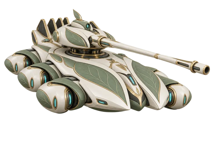 The Thornback, a Mossglade tank in cream and sage green with leaf-shaped armour and a long gun