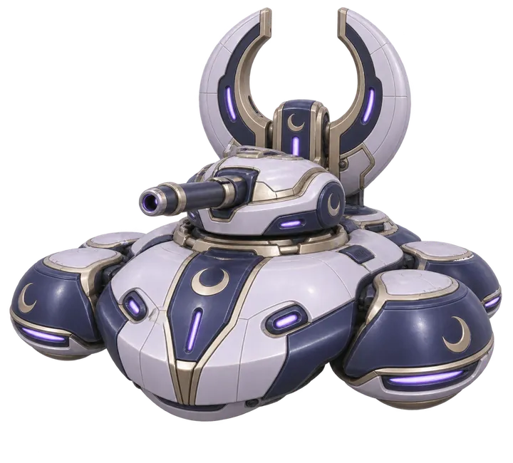 The Veilguard, a Moonveil hover tank in white and navy under a crescent-moon shield frame