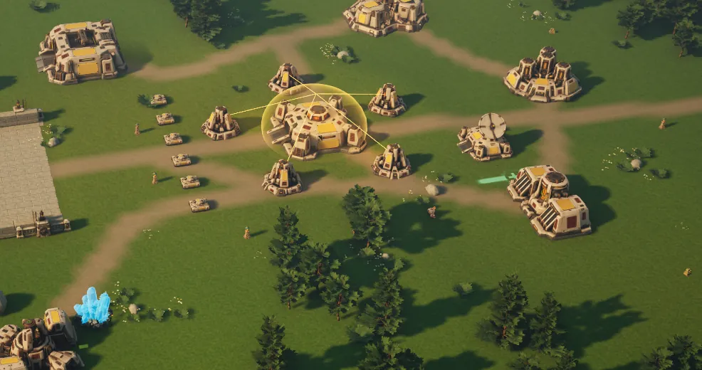 In game: a Sunhearth Heartbloom under its golden ward dome, linked by lines of light to the five petals around it, with factories and tanks nearby